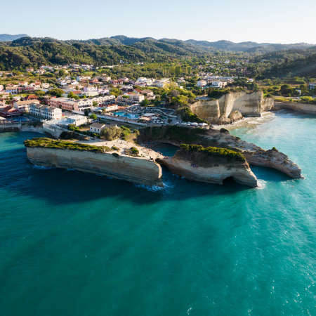 Canal DAmore - Sidari, The channel of Love. Aerial drone view to paradise beach with azure blue sea water. Corfu island, Greece.の写真素材