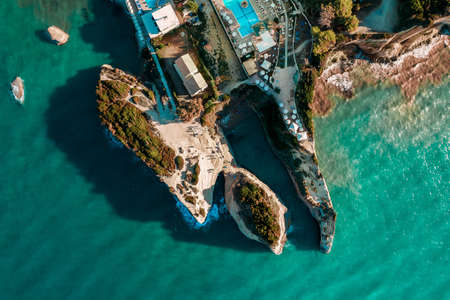 Canal DAmore - Sidari, The channel of Love. Aerial drone view to paradise beach with azure blue sea water. Corfu island, Greece.の写真素材