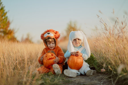 Cute children - toddlers boys sitting on grass with carved pumpkins. Babies in fluffy lion and bunny costumes smiling. Halloween, trick or treat concept.の写真素材