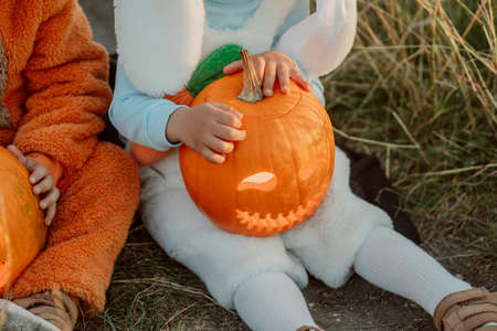Boy sitting with carved pumpkin. Small baby in white bunny costume. Halloween, trick or treat concept. Symbol of All Hallows Eveの写真素材