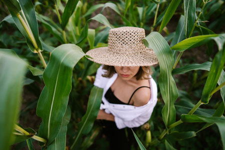 Portrait of unrecognizable stylish woman in green jungle. Girl in straw hat, linen clothes. Lady stranger, top view.の写真素材