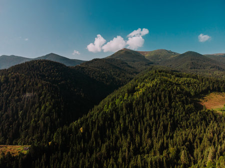 Amazing view to mountains covered pine trees, clouds. Drone view. Summer in Europe Carpathian. Concept of flight, nature, breathtaking beauty of our planet.の写真素材