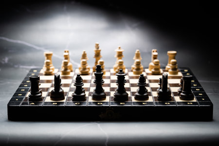 Pieces on chessboard. Board intelligence game - wooden chess on dark background. Business solutions,...