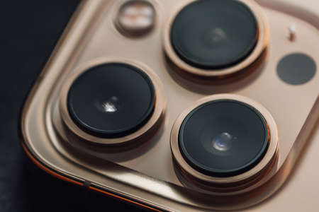 Barcelona, Spain - January 2022. Latest iPhone 13 pro. Apple new smartphone with triple-lens camera...