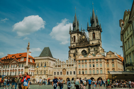 Prague, Czech Republic - July 2022. Old town square with Church of our Lady before Tyn. Famous historical, gothic style buildings. Sunny cityscape in european capitalのeditorial素材