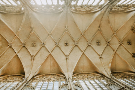Prague, Czech Republic - July 2022. Dome in St. Vitus Cathedral. Grand interior, gothic ornamental details of roof inside. High ceiling, most famous church in Castle.のeditorial素材