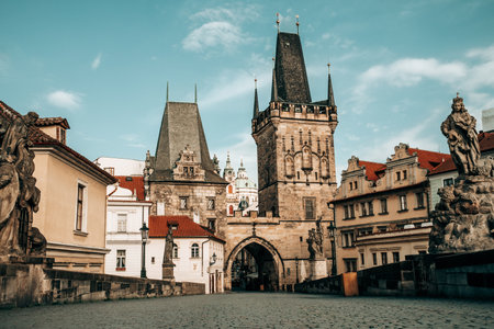 Famous medieval Charles - Karlov bridge across Vltava river. Historic, old district of european capital. High quality photoの写真素材