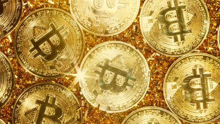 Bitcoin, crypto currency. Golden coins. Digital exchange, popularity of BTC, symbol of future money,...