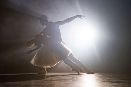 Graceful ballerina and her male partner dancing elements of classical or modern ballet in dark with...