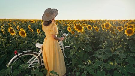 Attractive woman in timeless dress with retro styled bicycle in sunflowers field. Vintage fashion, amazing adventure, countryside activity, healthy lifestyle.の写真素材