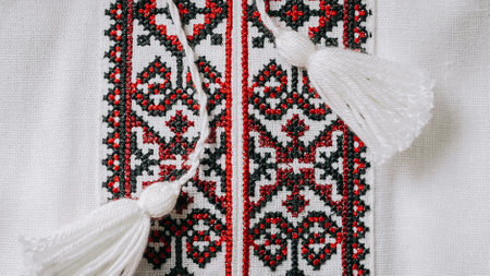 Handmade embroidery on Ukrainian shirt. Geometric ornaments, ancient traditional authentic clothes...