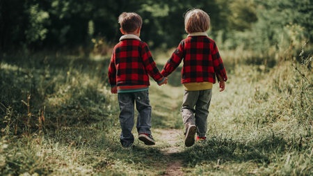 Cute kids walking together holding hands in autumn park. Smiling brothers, stylish boys having fun, playing outdoors. Friendship, family, twins, childhood conceptの写真素材