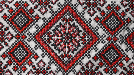 Handmade embroidery on Ukrainian shirt. Geometric ornaments, ancient traditional authentic clothes...