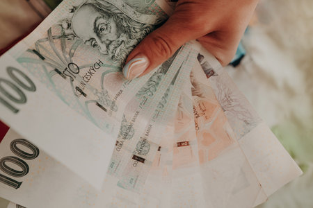 Czech cash money close-up background. Czech Crown. Ceska koruna. Bill paper new banknotes. Monetary policy. Global tradeの写真素材