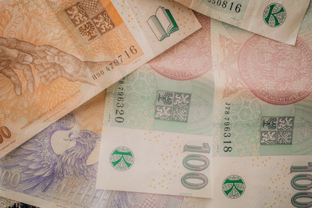Czech cash money close-up background. Czech Crown. Ceska koruna. Bill paper new banknotes. Monetary policy. Global tradeの写真素材