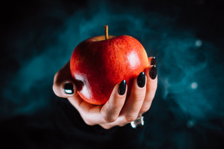 Woman as witch offers red apple - symbol of toxic proposal, lure. Fairytale, white snow, wizard concept. Halloween celebration, cosplay. Smoke, mist background.の写真素材