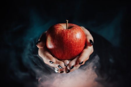 Woman as witch offers red apple - symbol of toxic proposal, lure. Fairytale, white snow, wizard concept. Halloween celebration, cosplay. Smoke, mist background.の写真素材