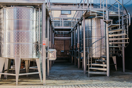 Modern craft brewery equipment. Private brew manufacturing. Beer fermentation and maturationの写真素材