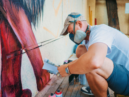 Graffiti Artist Painting On Street Wall. Man with aerosol spray bottle. Young talented guy in protective mask drawing colorful lion.の写真素材