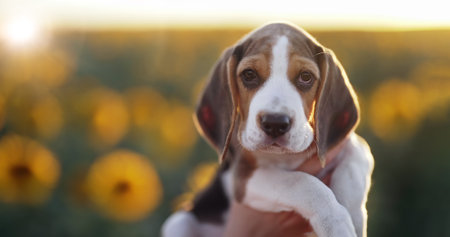 Little puppy of beagle on sunflowers field background. Advertising pet concept.の写真素材