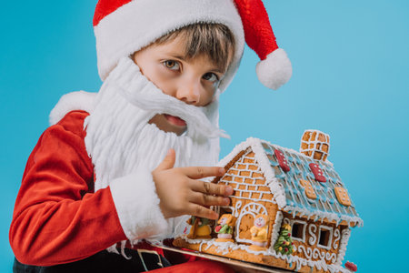 Cute little child in Santa Claus costume sitting with gingerbread house on blueの写真素材