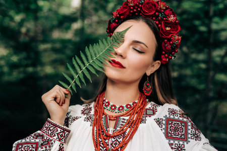 Portrait of ukrainian woman with fern on Carpathian mountains forest backgroundの写真素材