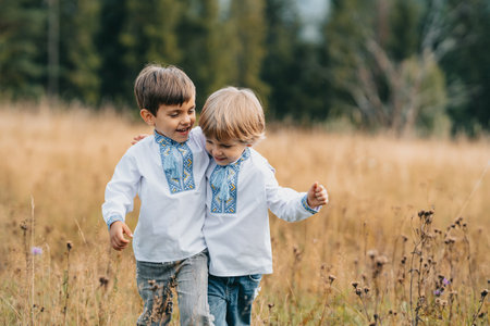 Happy glad boys - Ukrainian patriots children on meadow of Carpathian mountain.の写真素材