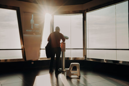 Prague, Czech - February 2023. Observatory deck in Zizkov TV Tower. Binocularsのeditorial素材