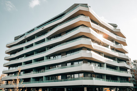 Prague, Czech - February 2023. Modern high-rise apartment building in Prague. Geometric architectureのeditorial素材