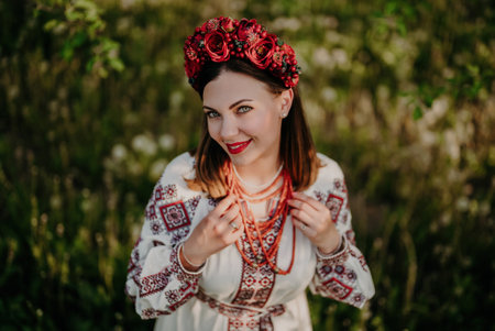 Attractive ukrainian woman in embroidery vyshyvanka,ancient coral beads on grassの写真素材
