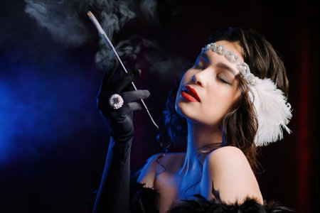 Old-fashioned woman dressed in Flappers with cigarette on dark background