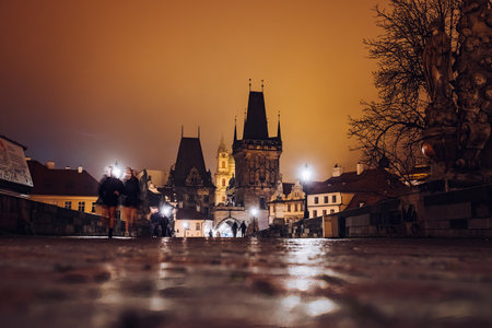 Night view to Charles Bridge, Prague. Traveling, historic architecture conceptの写真素材