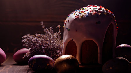 Homemade Easter cake background. Festive pastry, colorful eggs in basket.の写真素材