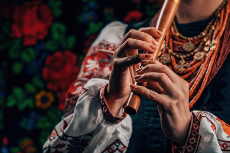 Hands of woman playing on woodwind wooden flute - ukrainian sopilka on colorfulの写真素材