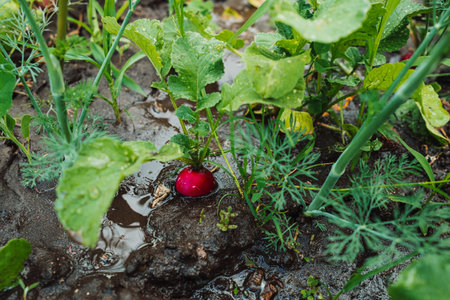 Growing organic radish in garden soil. Healthy vegetables, food background.の写真素材