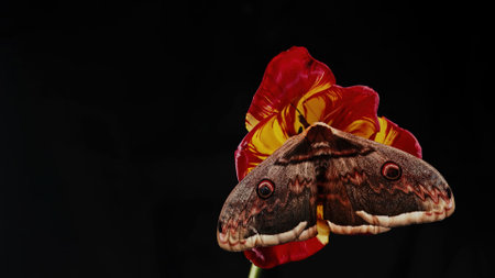 Night Butterfly - Saturnia Pyri, Giant Peacock Moth Sits On Red Tulip Flowerの写真素材