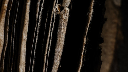 Macro view of ancient papyrus, archival manuscripts. Medieval library tomesの写真素材