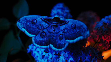European Night Butterfly - Saturnia Pyri, Giant Peacock Moth On Lilac Branchの写真素材