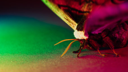 Night butterfly - Saturnia pyri, giant peacock moth under colorful neon lightの写真素材