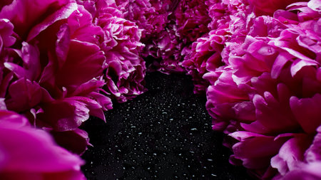 Macro aisle flowering peonies, petals on buds. Floral backdrop.の写真素材