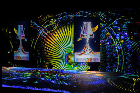 July 2023- Prague,Czechia. Interactive galaxy museum neon exhibition digital artのeditorial素材