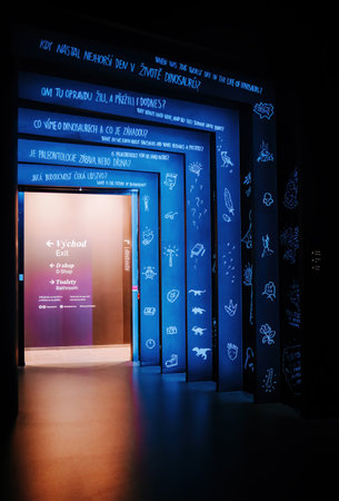 October 2023 - Prague, Czechia. Exit from Dinosauria Museum, modern exhibition