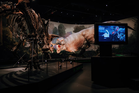 October 2023 -Prague,Czechia.Tyrannosaurus model,triceratops skeleton Dinosauriaのeditorial素材