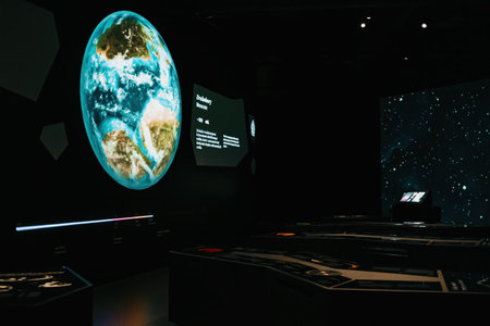 October 2023 - Prague, Czechia. Dinosauria museum interior. Interactive screen.
