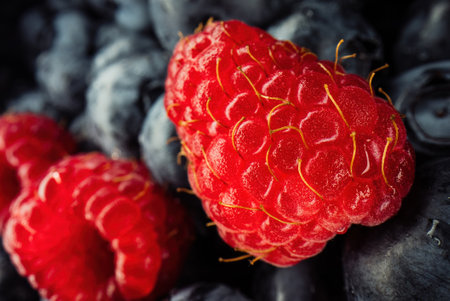 Abstract colorful berries,extreme macro. Wild forest raspberry, blueberry.の写真素材
