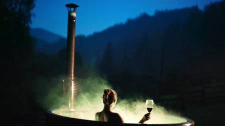 Woman spending holidays resting on wild nature, drinks red wine. Lady in hot wooden vat heated by firewoodの写真素材