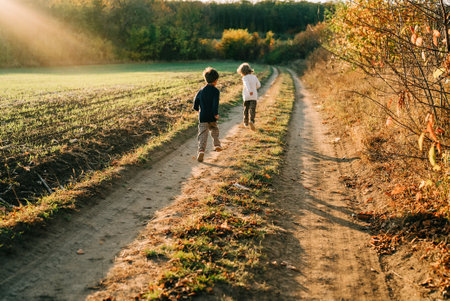 Little happy boys twins running countryside road. Rural childhood, autumn,familyの写真素材