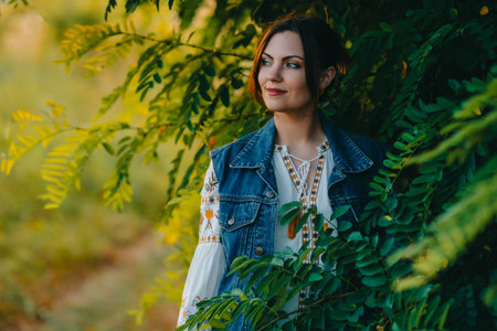 Attractive ukrainian woman on nature background. Ethno style, embroidery shirtの写真素材