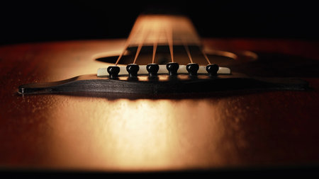 Macro of strings on redwood acoustic guitar fretboard. Classical music, sound