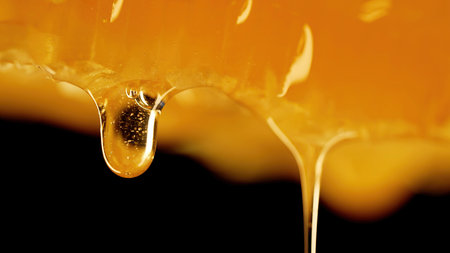 Honey dripping from honeycombs extreme macro.Natural bees wax cells, gold elixirの写真素材